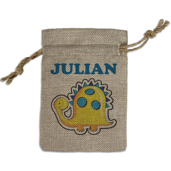 Custom Dinosaur Print Small Burlap Gift Bag - Front (Personalized)