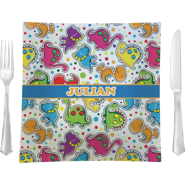 Custom Dinosaur Print 9.5" Glass Square Lunch / Dinner Plate- Single or Set of 4 (Personalized)