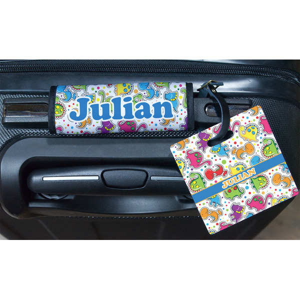 Dinosaur Print Square Luggage Tag & Handle Wrap - In Context
