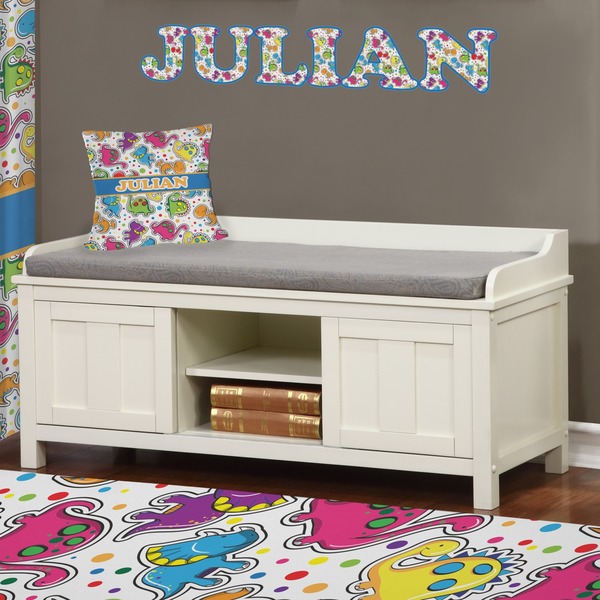 Dinosaur Print Wall Name Decal Above Storage bench