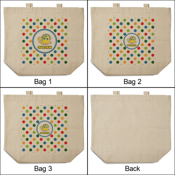 Dots & Dinosaur 3 Reusable Cotton Grocery Bags - Front & Back View