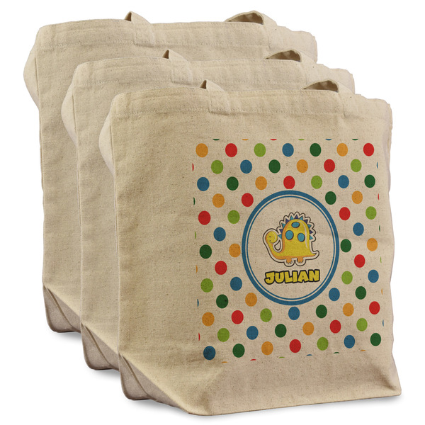 Custom Dots & Dinosaur Reusable Cotton Grocery Bags - Set of 3 (Personalized)