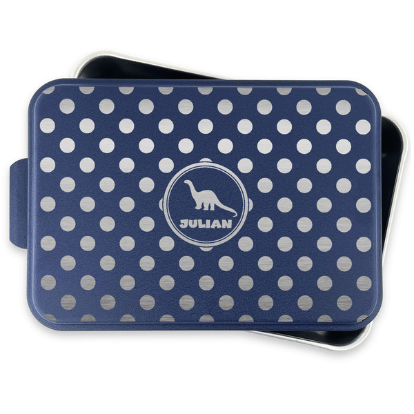 Dots & Dinosaur Aluminum Baking Pan - Navy Lid - FRONT w/lid off