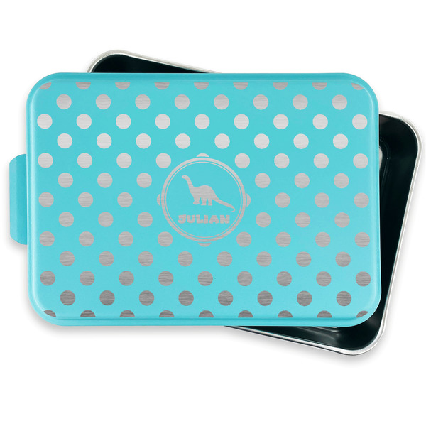 Dots & Dinosaur Aluminum Baking Pan - Teal Lid - FRONT w/ lid off
