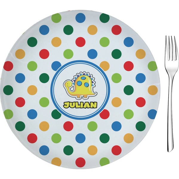 Custom Dots & Dinosaur 8" Glass Appetizer / Dessert Plates - Single or Set (Personalized)