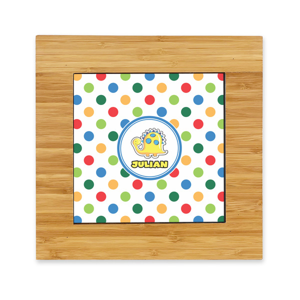Custom Dots & Dinosaur Bamboo Trivet with Ceramic Tile Insert (Personalized)