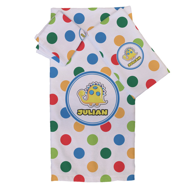 Custom Dots & Dinosaur Bath Towel Set - 3 Pcs (Personalized)