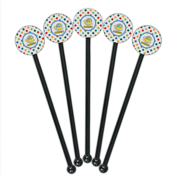 Dots & Dinosaur Black Plastic 5.5" Stir Stick - Round - Fan View