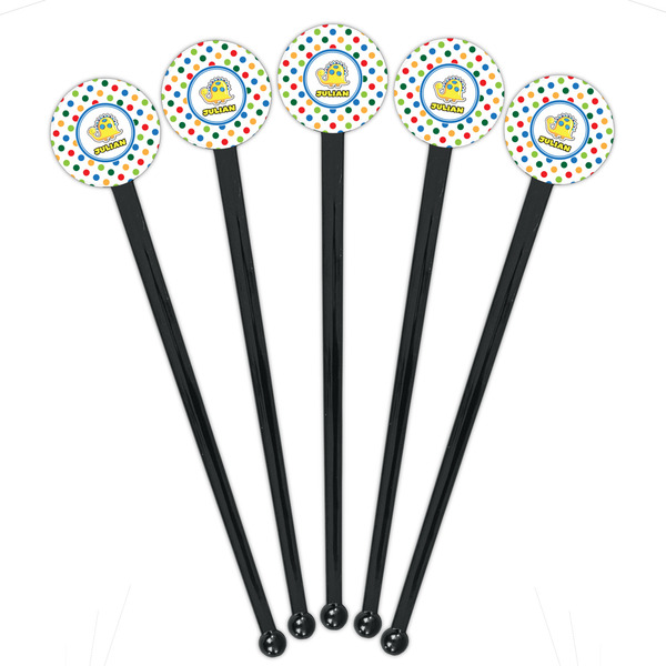 Dots & Dinosaur Black Plastic 7" Stir Stick - Round - Fan View
