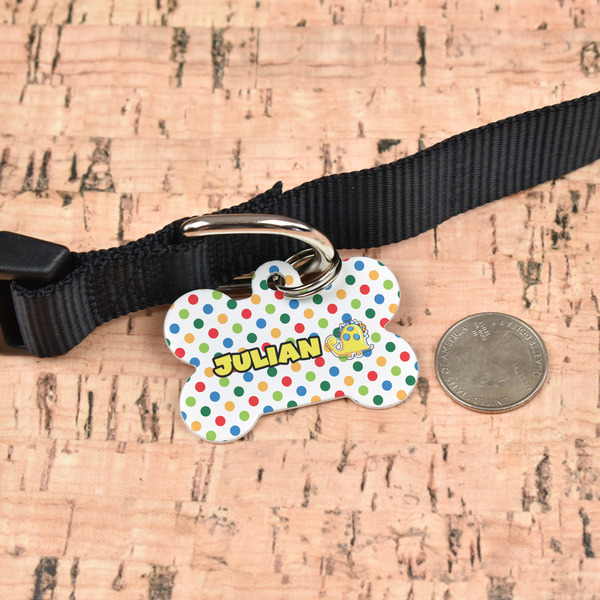 Dots & Dinosaur Bone Shaped Dog ID Tag - Large - In Context