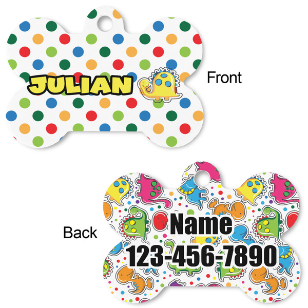 Dots & Dinosaur Bone Shaped Dog Tag - Front & Back