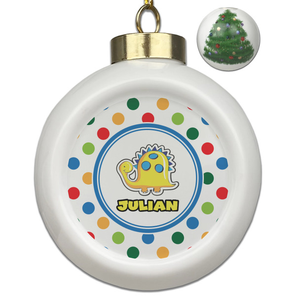 Custom Dots & Dinosaur Ceramic Ball Ornament - Christmas Tree (Personalized)