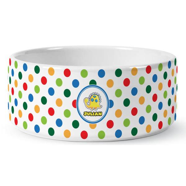 Dots & Dinosaur Ceramic Dog Bowl - Medium - Front