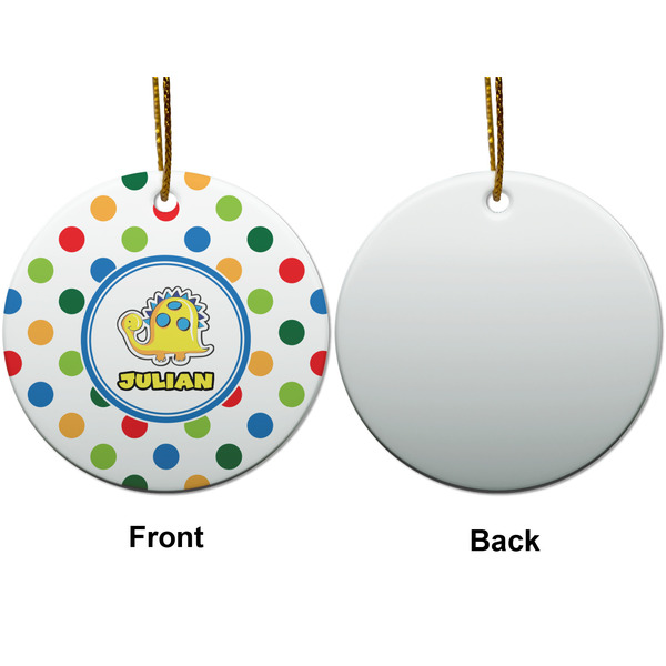 Dots & Dinosaur Ceramic Flat Ornament - Circle Front & Back (APPROVAL)