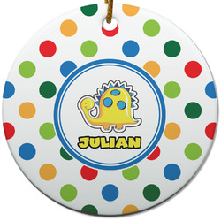 Dots & Dinosaur Round Ceramic Ornament w/ Name or Text