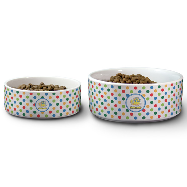 Dots & Dinosaur Ceramic Dog Bowls - Size Comparison