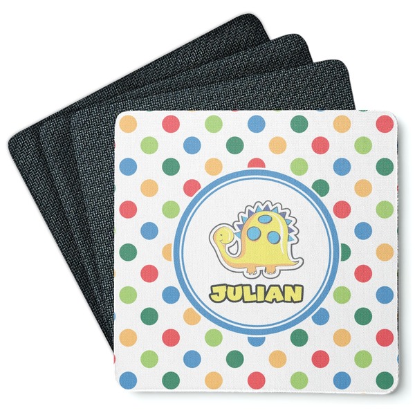 Custom Dots & Dinosaur Square Rubber Backed Coasters - Set of 4 (Personalized)