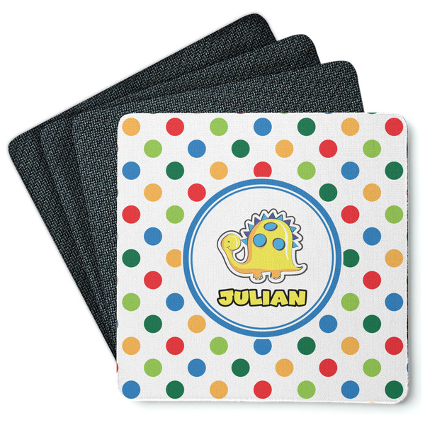 Custom Dots & Dinosaur Square Rubber Backed Coasters - Set of 4 (Personalized)