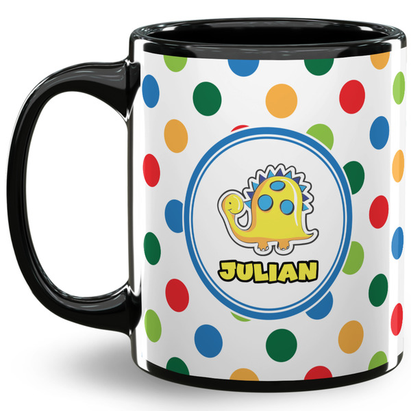 Custom Dots & Dinosaur 11 Oz Coffee Mug - Black (Personalized)