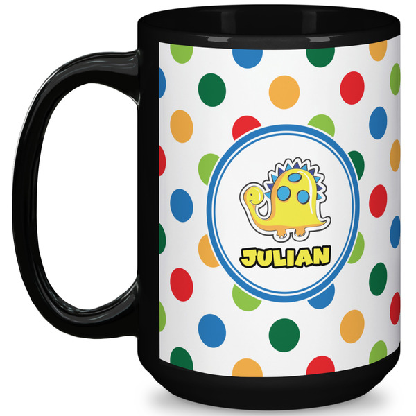 Custom Dots & Dinosaur 15 Oz Coffee Mug - Black (Personalized)