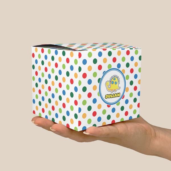 Dots & Dinosaur Cube Favor Gift Box - On Hand - Scale View