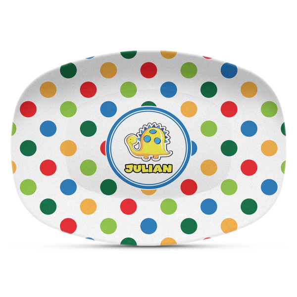 Custom Dots & Dinosaur Plastic Platter - Microwave & Oven Safe Composite Polymer (Personalized)