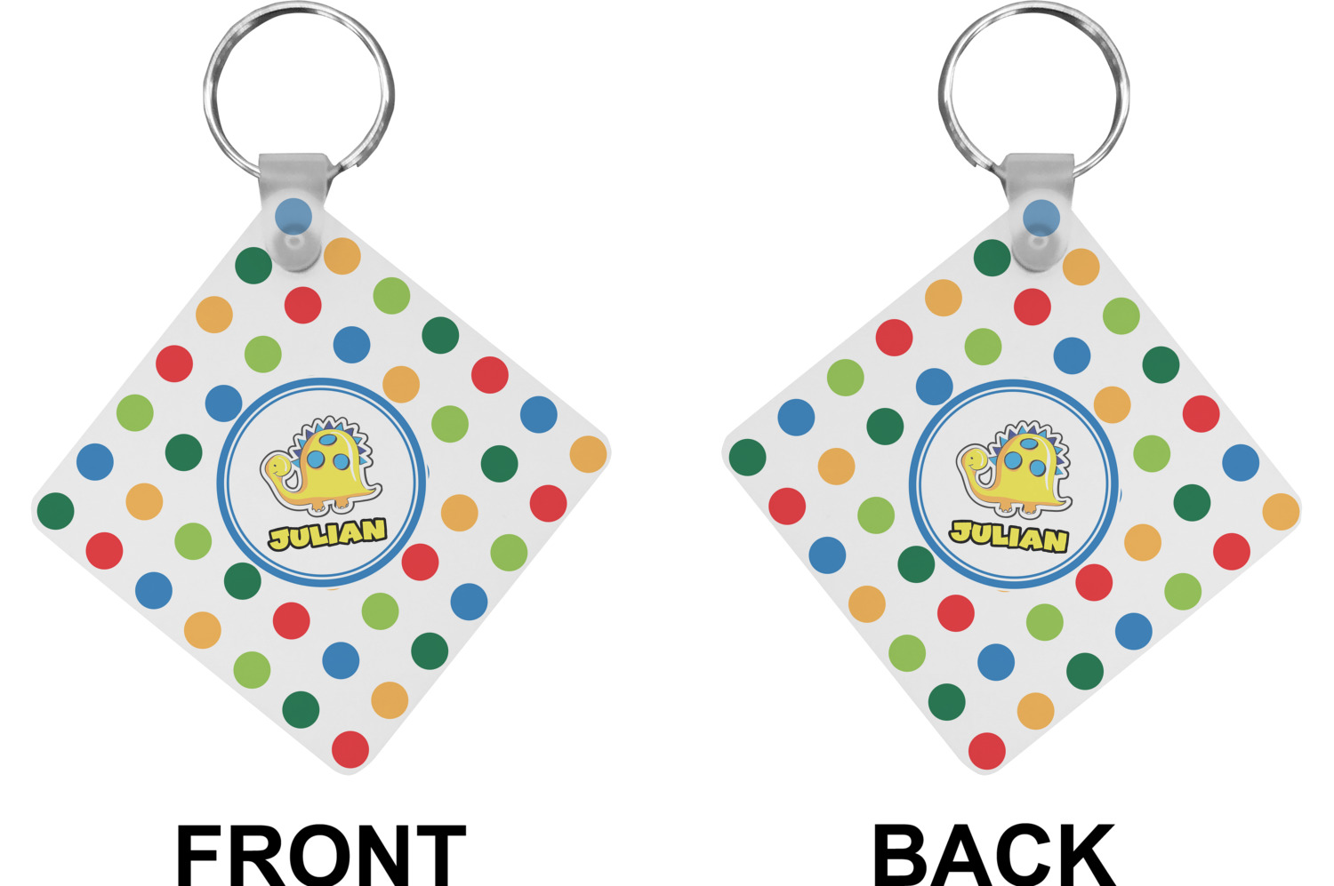 Dots & Dinosaur Diamond Plastic Keychain w/ Name or Text - YouCustomizeIt