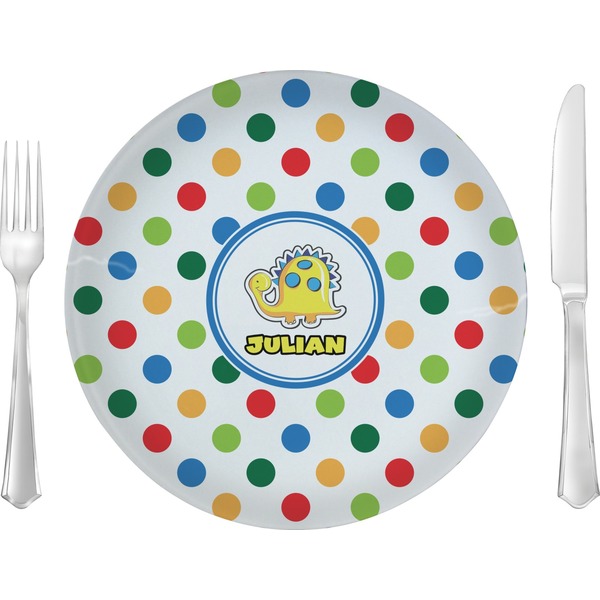 Custom Dots & Dinosaur Glass Lunch / Dinner Plate 10" (Personalized)