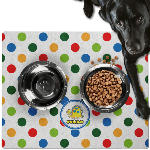 Custom Dots & Dinosaur Dog Food Mat - Large w/ Name or Text