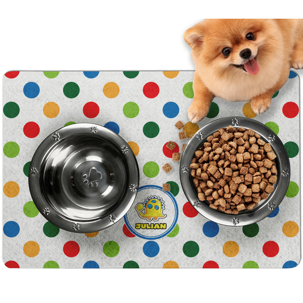 Custom Dots & Dinosaur Dog Food Mat - Small w/ Name or Text