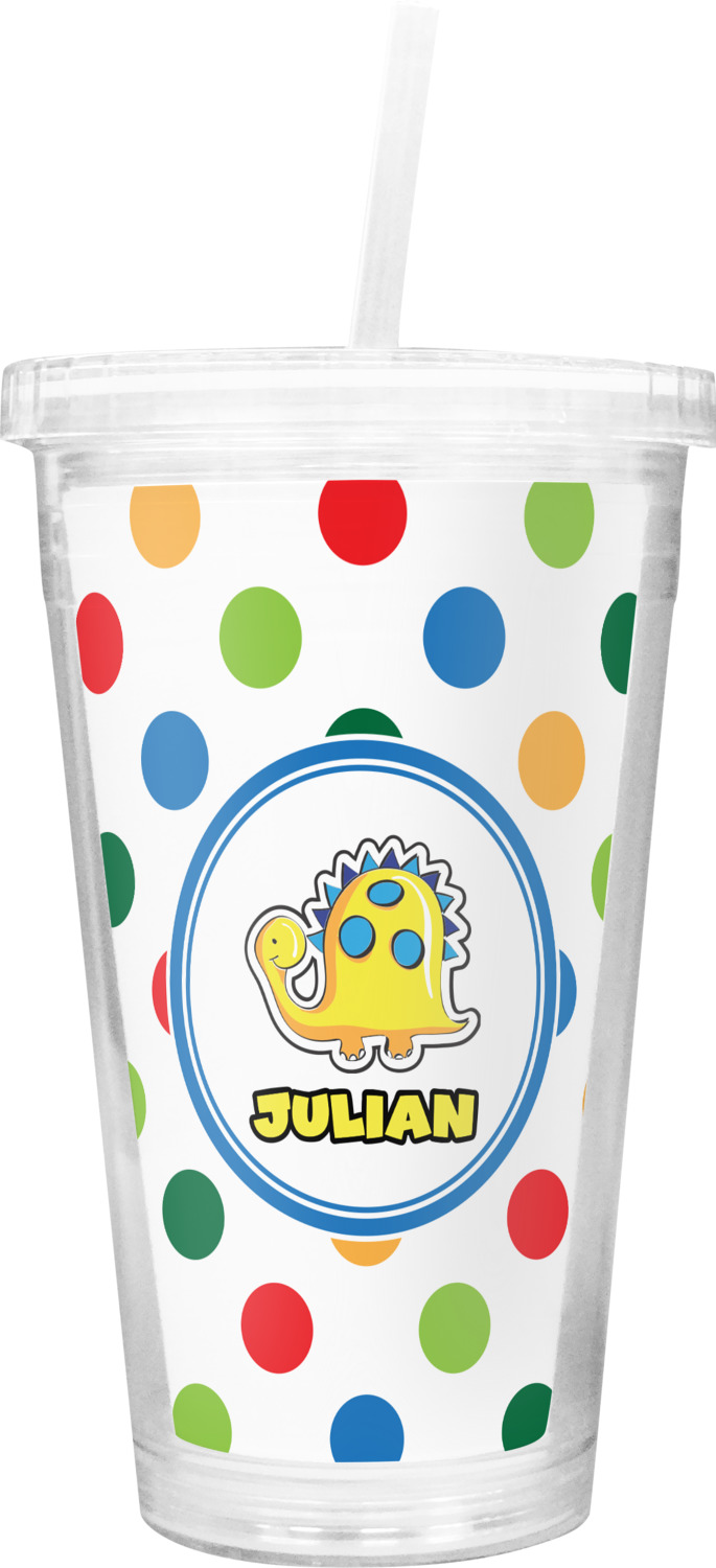 Dots & Dinosaur Double Wall Tumbler with Straw (Personalized