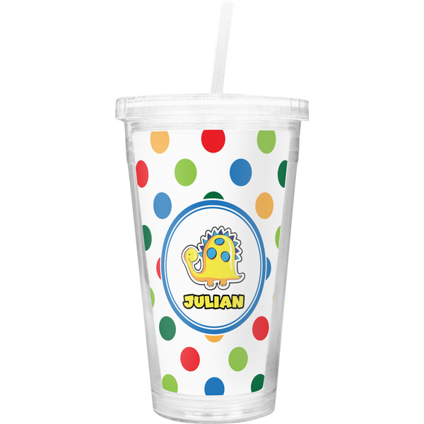 Custom Dots & Dinosaur Double Wall Tumbler with Straw (Personalized)