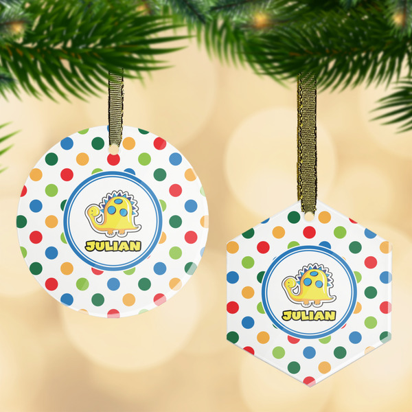 Custom Dots & Dinosaur Flat Glass Ornament w/ Name or Text