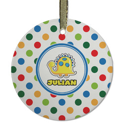 Dots & Dinosaur Flat Glass Ornament - Round w/ Name or Text