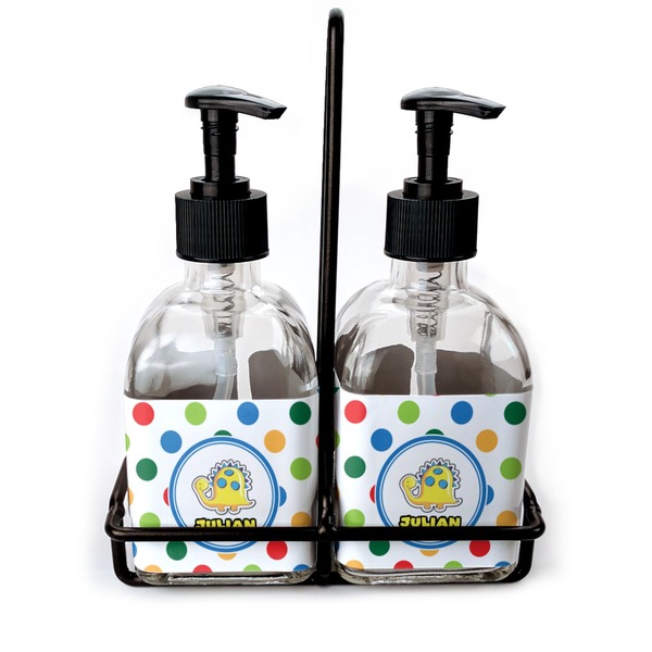 Custom Dots & Dinosaur Glass Soap & Lotion Bottle Set (Personalized)