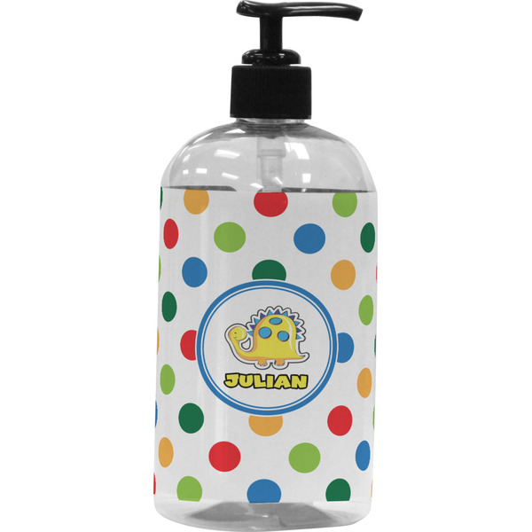 Custom Dots & Dinosaur Plastic Soap / Lotion Dispenser (16 oz - Large - Black) (Personalized)