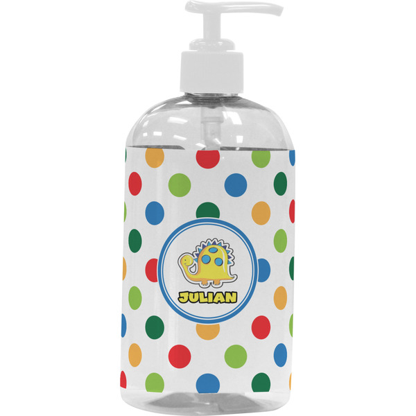 Custom Dots & Dinosaur Plastic Soap / Lotion Dispenser (16 oz - Large - White) (Personalized)
