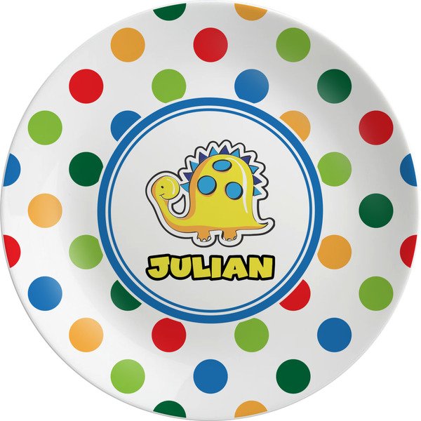 Custom Dots & Dinosaur Melamine Salad Plate - 8" (Personalized)