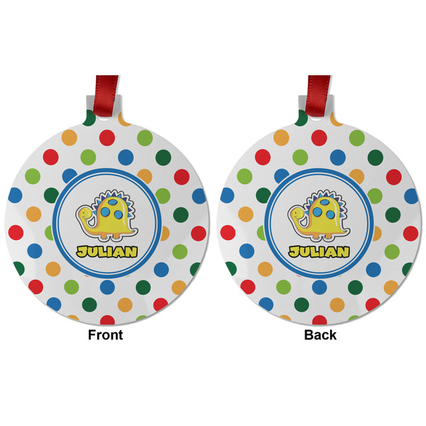 Dots & Dinosaur Metal Ball Ornament - Front and Back