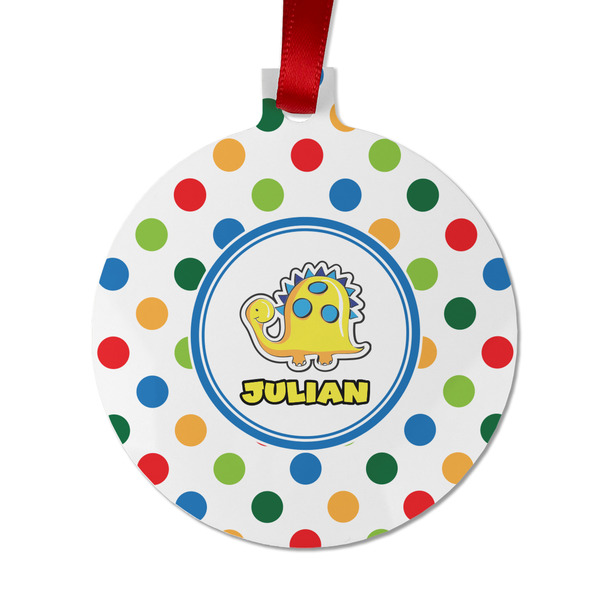 Custom Dots & Dinosaur Metal Ball Ornament - Double Sided w/ Name or Text
