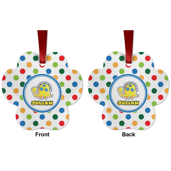 Dots & Dinosaur Metal Paw Ornament - Front and Back