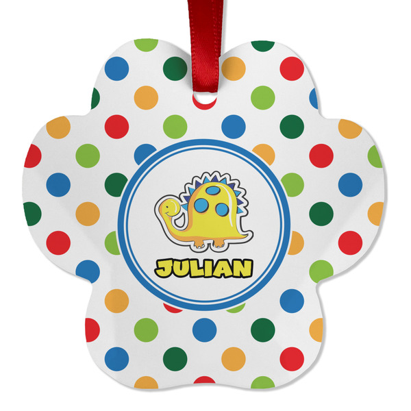 Custom Dots & Dinosaur Metal Paw Ornament - Double Sided w/ Name or Text