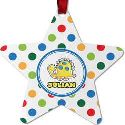 Dots & Dinosaur Metal Star Ornament - Double Sided w/ Name or Text