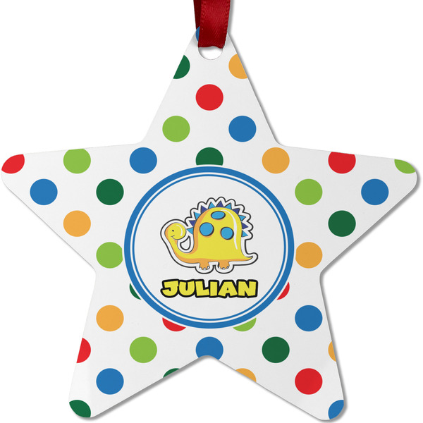 Custom Dots & Dinosaur Metal Star Ornament - Double Sided w/ Name or Text