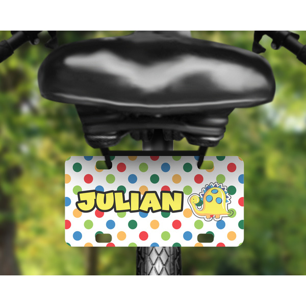 Dots & Dinosaur Mini License Plate on Bicycle