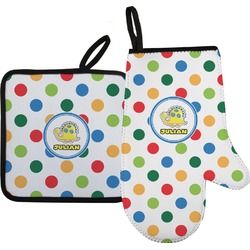 Dots & Dinosaur Oven Mitt & Pot Holder Set w/ Name or Text