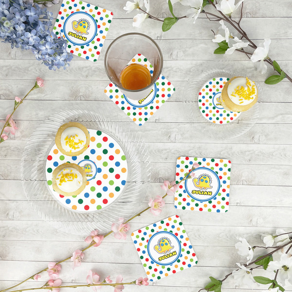Dots & Dinosaur Paper Coasters - In Context