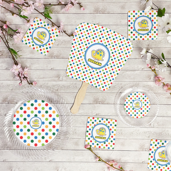 Dots & Dinosaur Party Supplies Combination Image - All items - Plates, Coasters, Fans