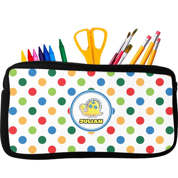 Custom Dots & Dinosaur Neoprene Pencil Case - Small w/ Name or Text
