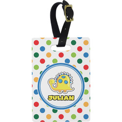 Dots & Dinosaur Plastic Luggage Tag - Rectangular w/ Name or Text